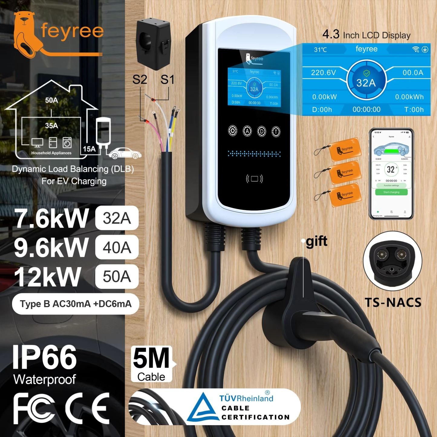 Feyree Dynamic Load Balancing EV Charging Station 32A 7kW TS-NACS Charger Plug Car Charger EVSE Wallbox 9.6kW 12kW APP Control