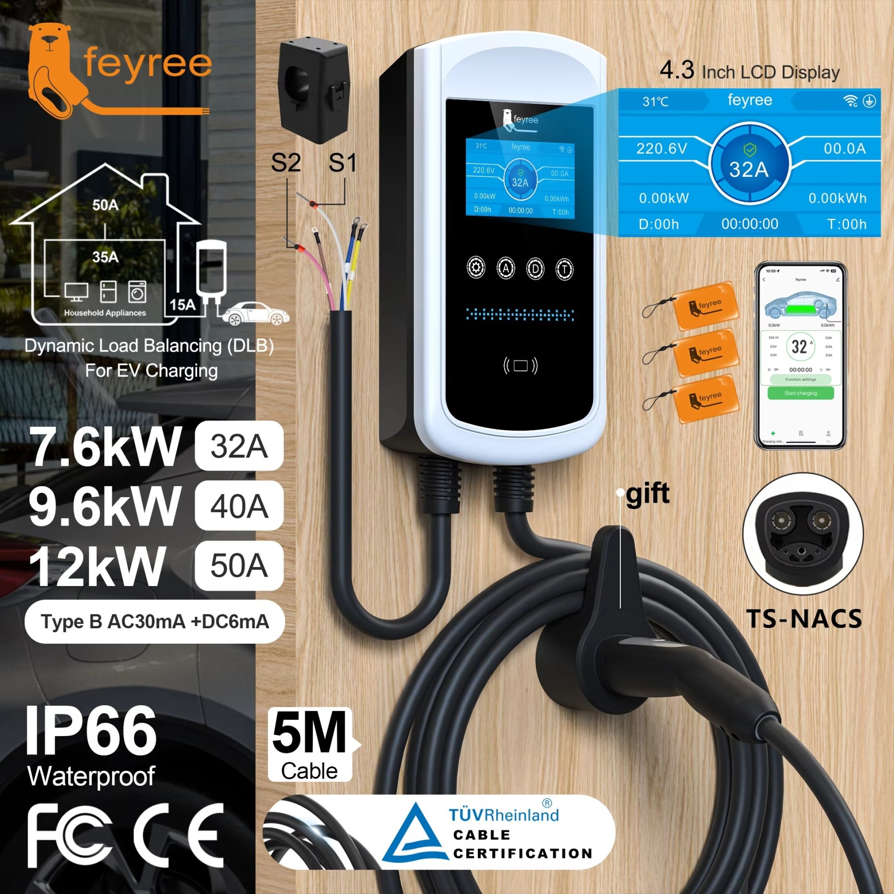 Feyree Dynamic Load Balancing EV Charging Station 32A 7kW TS-NACS Charger Plug Car Charger EVSE Wallbox 9.6kW 12kW APP Control