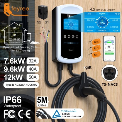 Feyree Dynamic Load Balancing EV Charging Station 32A 7kW TS-NACS Charger Plug Car Charger EVSE Wallbox 9.6kW 12kW APP Control