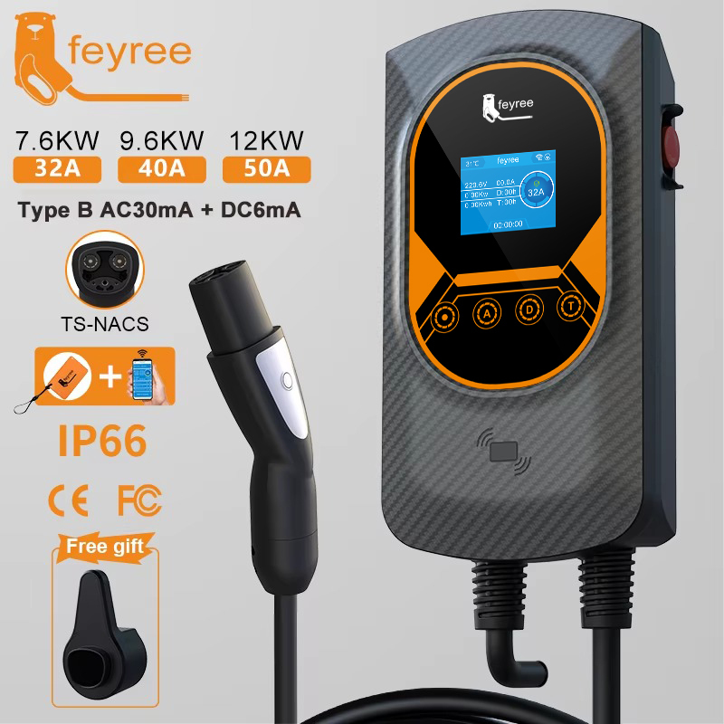 feyree EV Charging Station Tesla NACS EVSE Wallbox 32A 7.6KW 40A 9.6KW 50A 12KW 1Phase 5M APP Control for Electric Vehicle Car