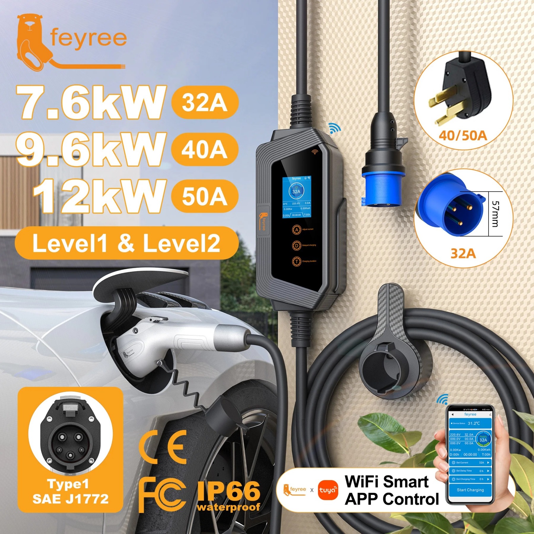 feyree Hero Type1 EV Charger : Intelligent Energy Management 7KW - 32A J1772 Portable WiFi/Bluetooth Charging Station (5m)