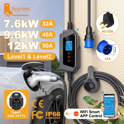 feyree Hero Type1 EV Charger : Intelligent Energy Management 7KW - 32A J1772 Portable WiFi/Bluetooth Charging Station (5m)