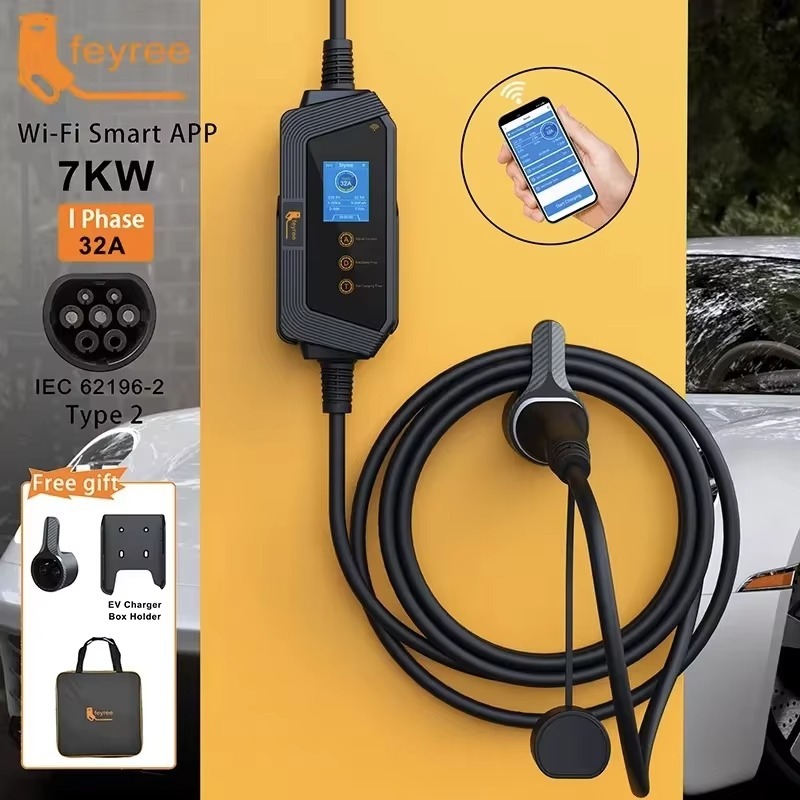 
High-speed 7kW Type 2 portable EV charger featuring 32A current, Wi-Fi smart app, wall mount, and durable coiled cable for flexible use.