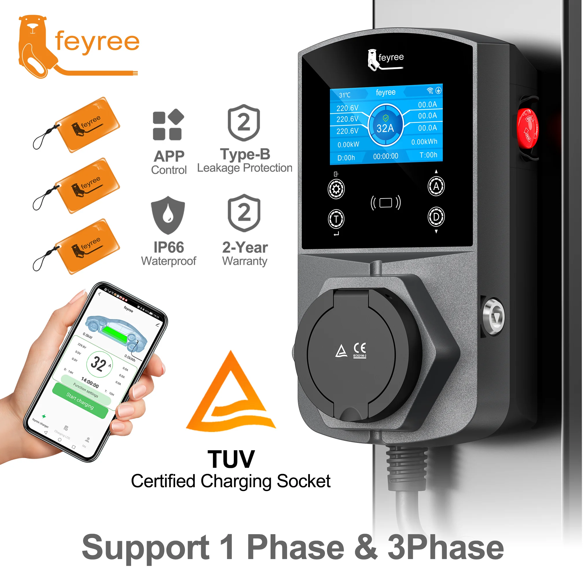 feyree Type2 EV Charger Socket Version 22KW Smart Electric Car Charger for TS-NACS Type1 GB/T Plug EVSE Wallbox WIFI APP Control