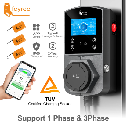 feyree Type2 EV Charger Socket Version 22KW Smart Electric Car Charger for TS-NACS Type1 GB/T Plug EVSE Wallbox WIFI APP Control