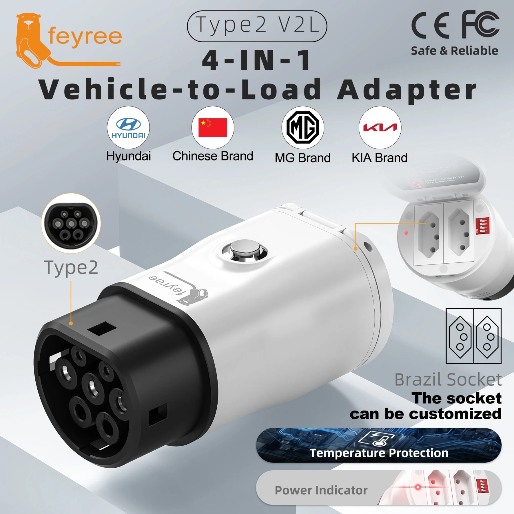 4-in-1 Vehicle-to-Load adapter for Type 2 electric vehicles, enabling power export to various household devices, with compatibility for Hyundai, MG, and KIA brands.
