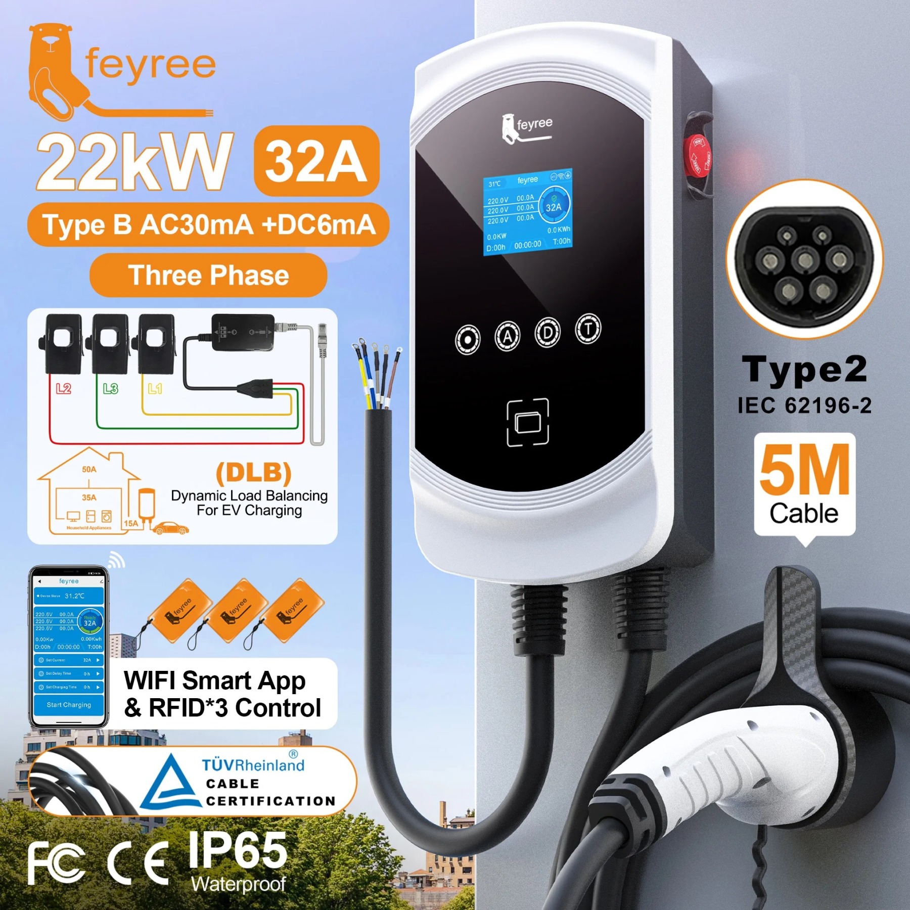 Feyree EV Charger Type2 Dynamic Load Blancing Wallbox 7.6KW 11KW 22KW 