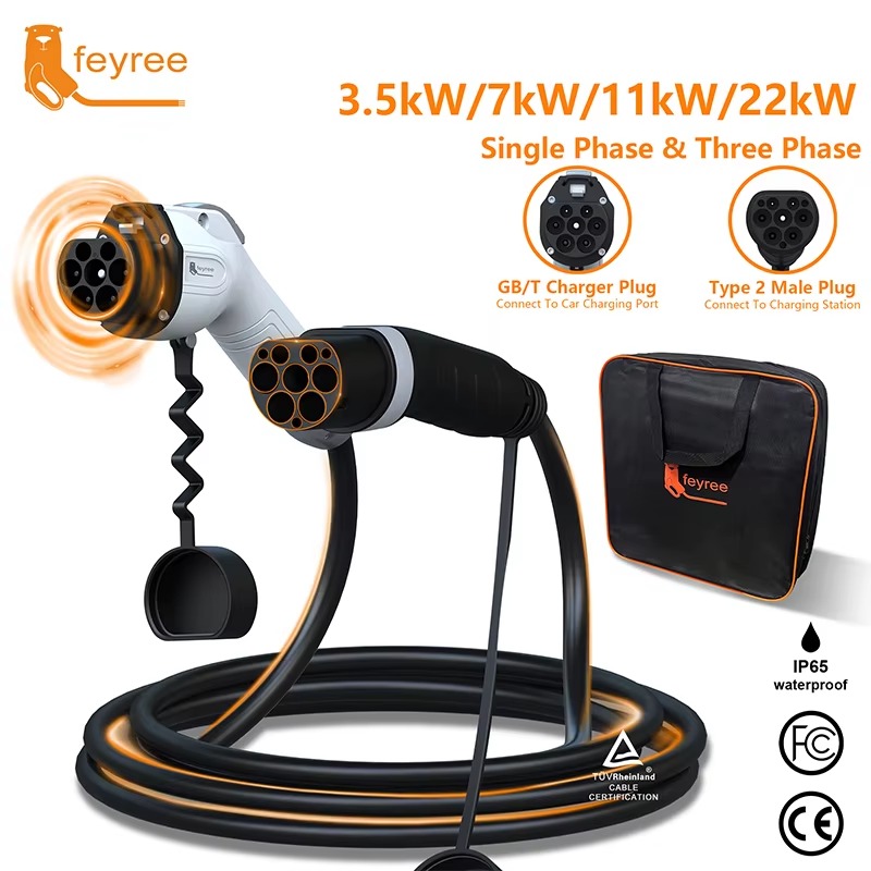 feyree EV Charger GB/T Female Car side to type2 Male Plug 16A 3.5KW 32A 7KW Charging Cable 5m 11KW 22KW 3Phase for Electric Car