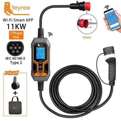 feyree Type 2 Portable EV Charger 11KW 16A 3 Phase Wi-Fi APP Bluetooth Version EVSE Charging Cable 5m CEE Plug for Electric Car