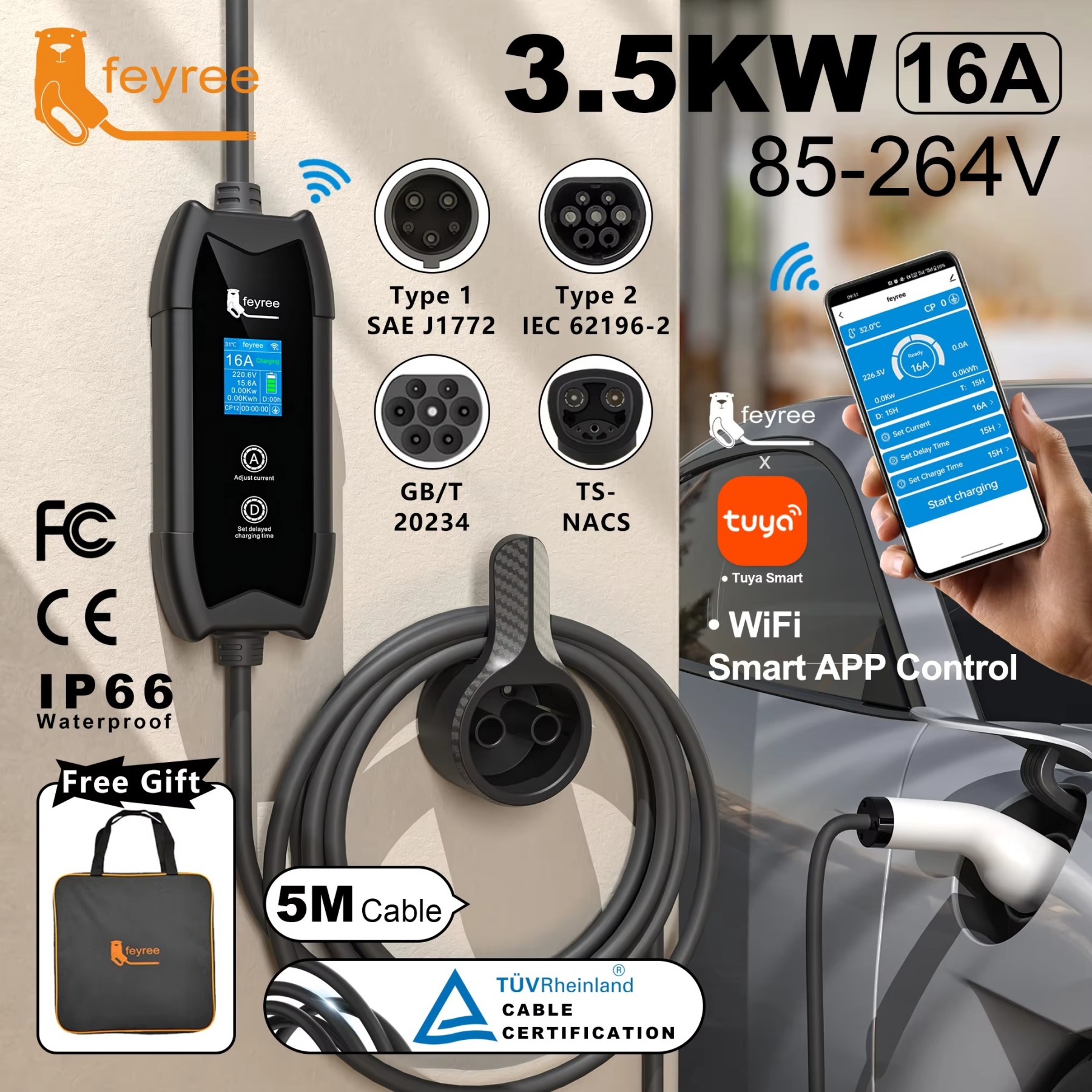 complete smart EV charger kit with a TS-NACS connector. The product has a 5-meter cable, a max output of 3.5KW at 16A for 85-264V charging, and WiFi for smart app control. A carrying bag is also shown as a free gift.
