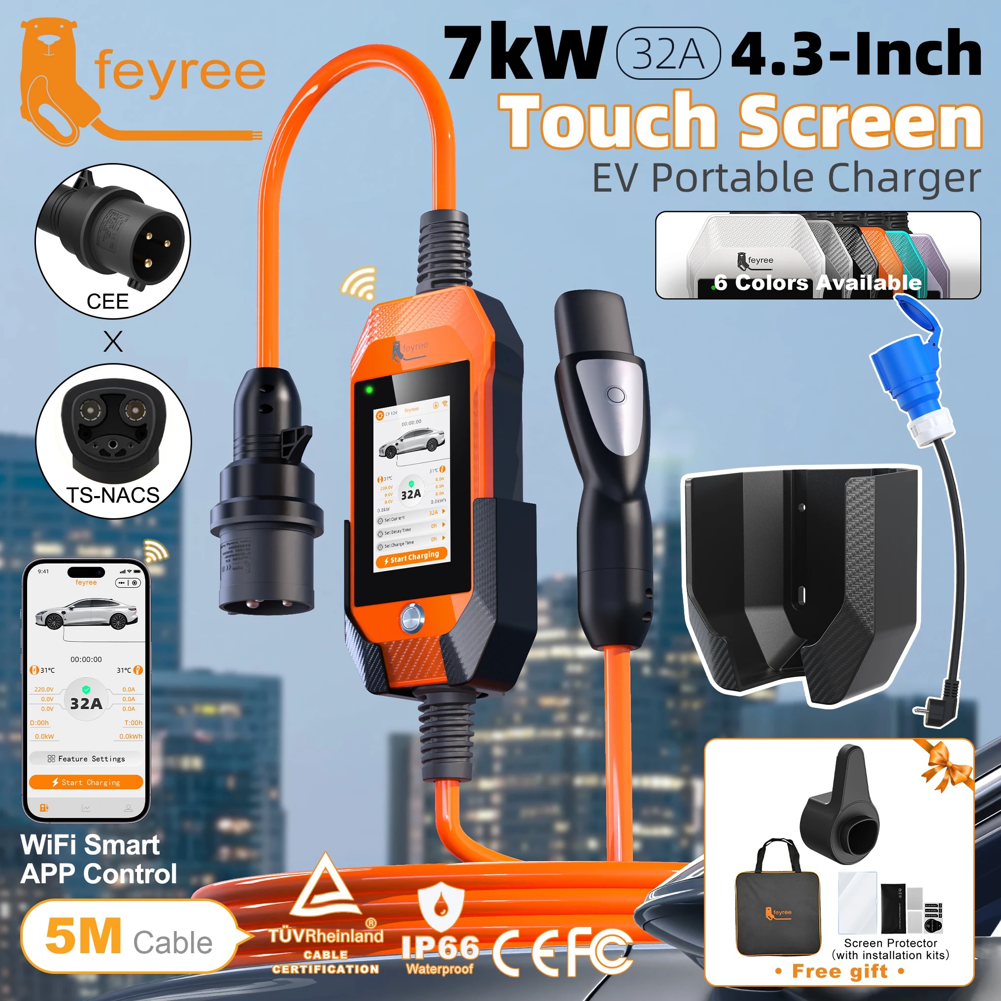 7kW 32A Touchscreen EV Charger WiFi Control – feyree