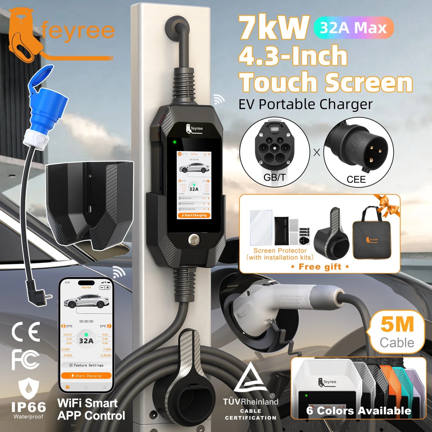 feyree GB/T EV Charger 7kW 32A 1P Touch Screen 4.3inch Smart WIFI APP Control EVSE Portable Charging Box forElectric Car Charger