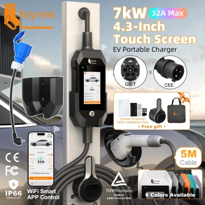 feyree GB/T EV Charger 7kW 32A 1P Touch Screen 4.3inch Smart WIFI APP Control EVSE Portable Charging Box forElectric Car Charger