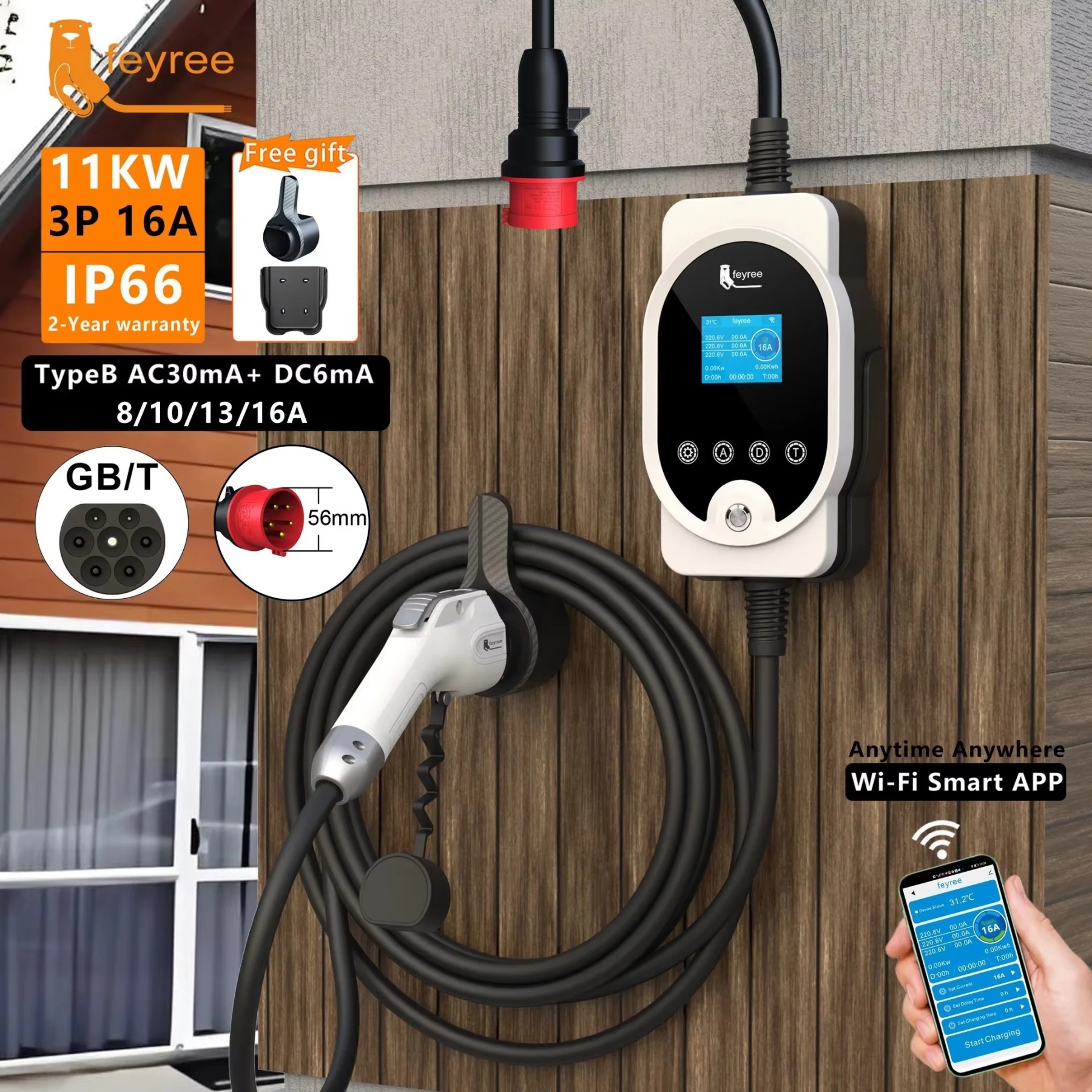 feyree GB/T EV Portable Charger 11KW 16A 3Phase With APP Control