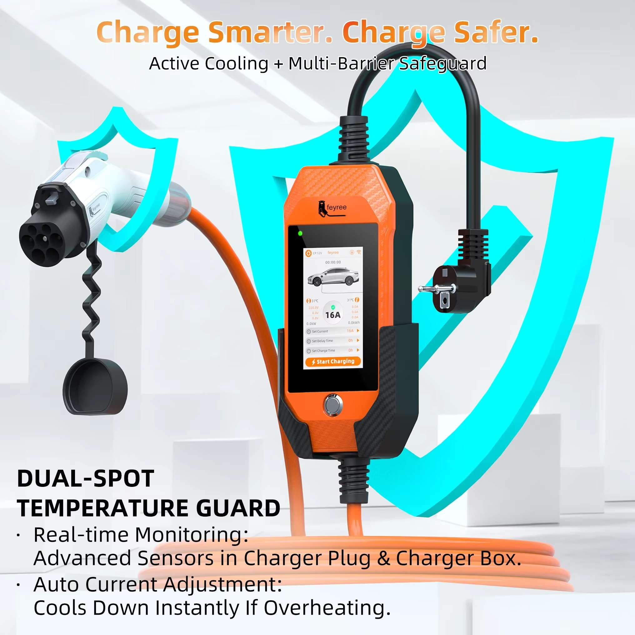 Feyree GB/T EV Charger 16A 3.5kW Portable Charger 1P 4.3'' Touchscreen Smart APP OTA Version Current Adjustable for Electric Car