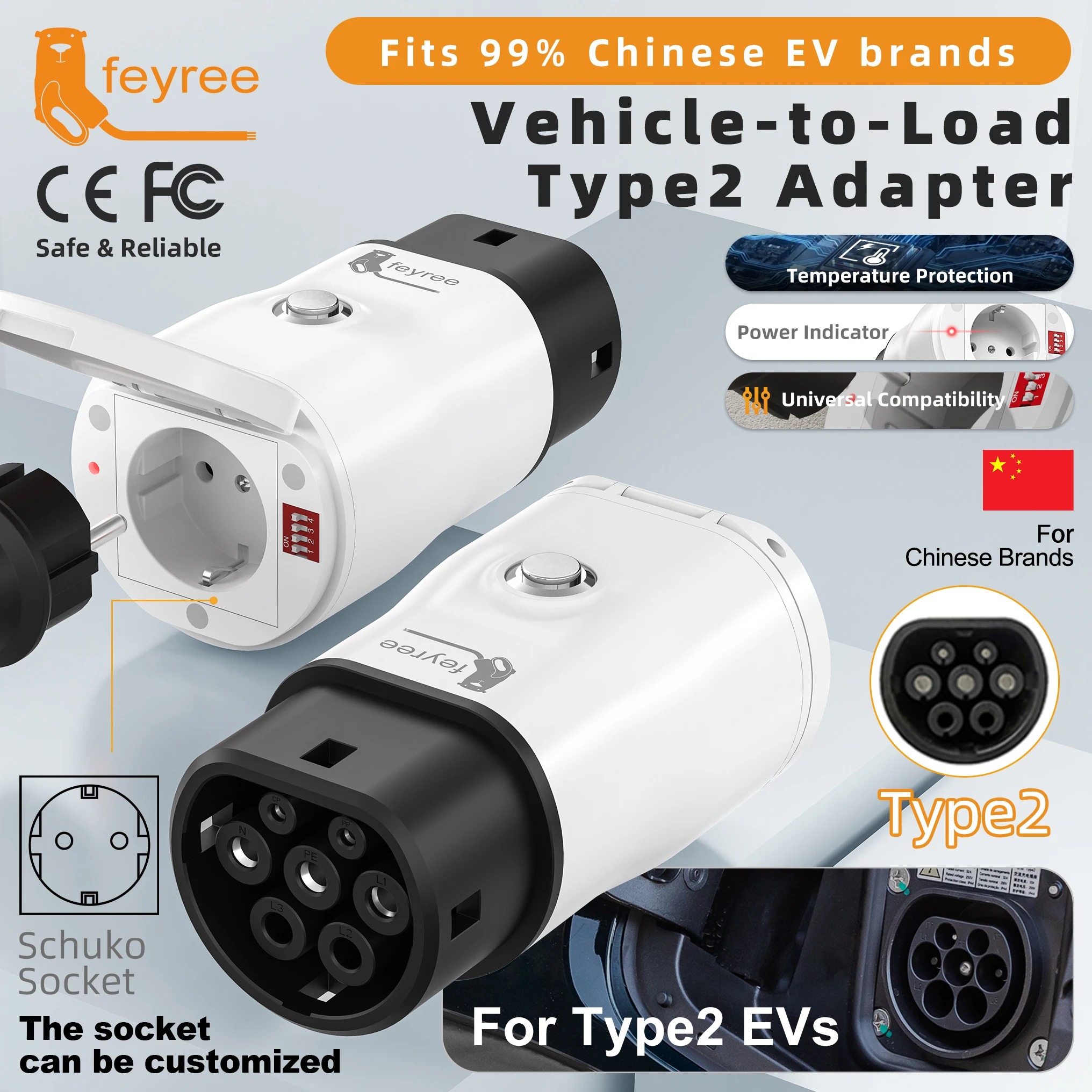 Vehicle-to-Load adapter for Type 2 EVs, featuring a Swiss socket and multiple safety protections to convert your car into a mobile power source.
