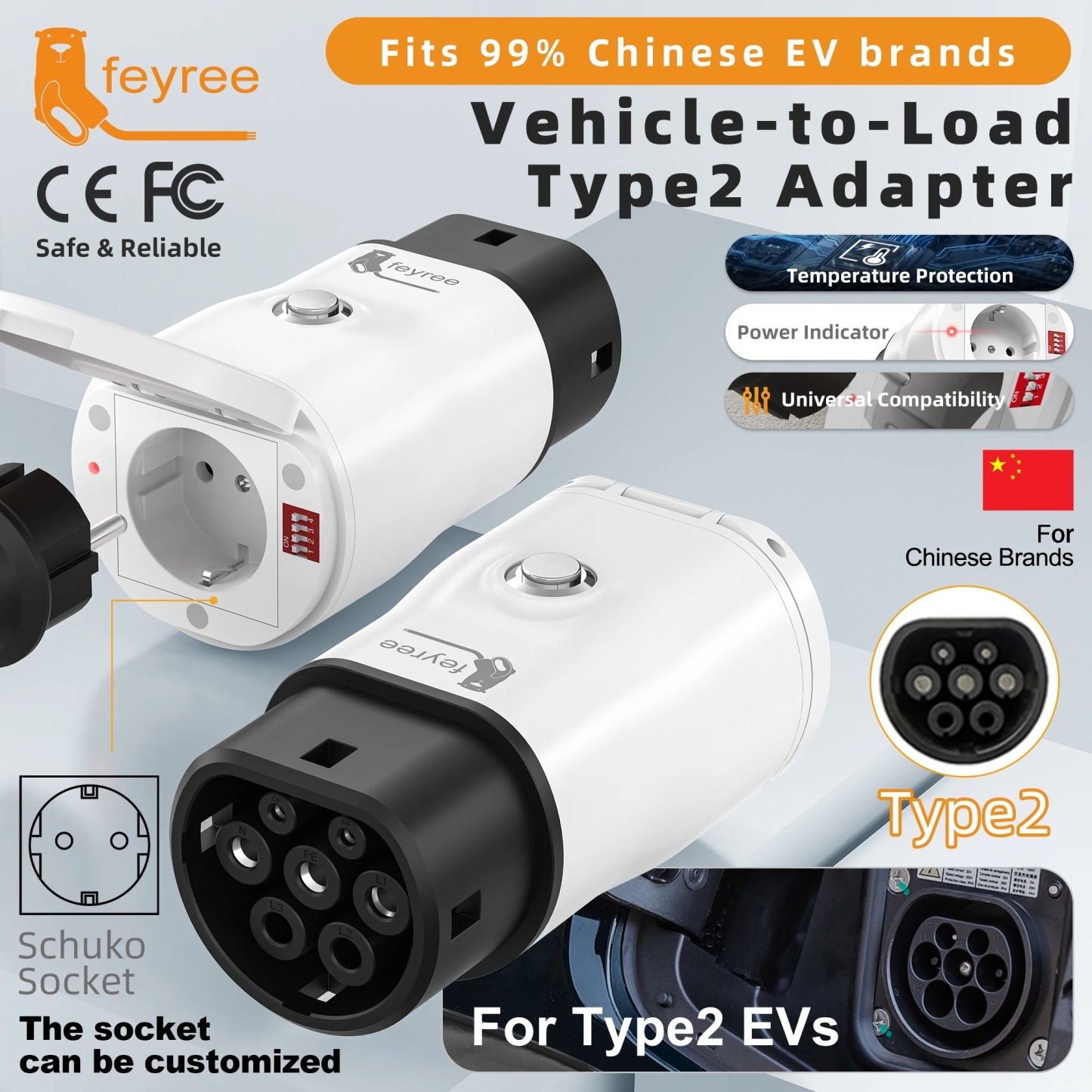 Vehicle-to-Load adapter for Type 2 EVs, featuring a Swiss socket and multiple safety protections to convert your car into a mobile power source.
