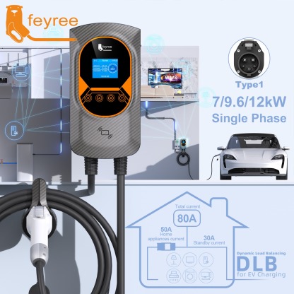Feyree Type 1 7kW 9.6kW 12kW EV Charging Wallbox Adjustable Current EV Home Charger WIFI Bluetooth Control with DLB Function
