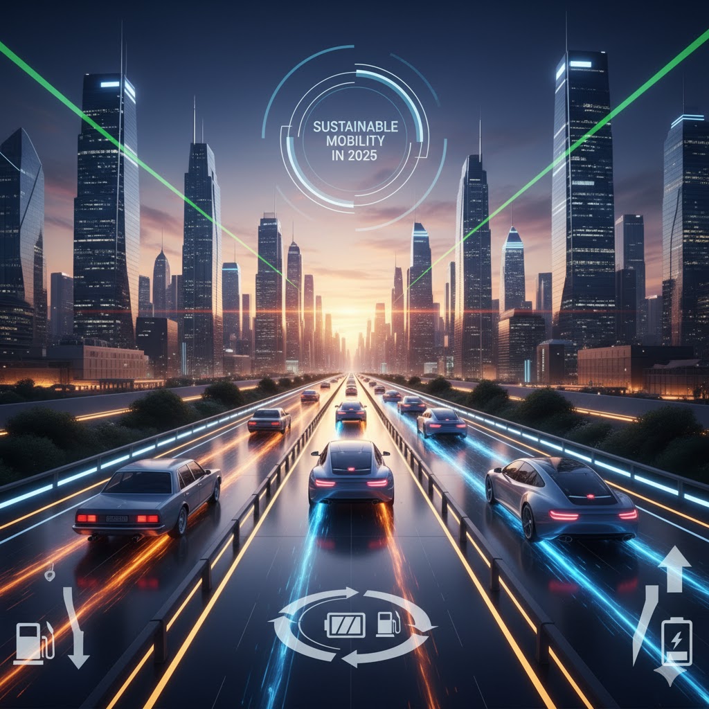 A futuristic cityscape in 2025 showing electric, hybrid, and gasoline vehicles driving on illuminated highways toward skyscrapers, symbolizing sustainable mobility and the transition to cleaner transportation.