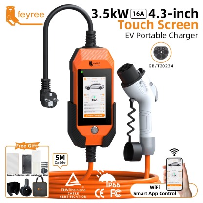 Feyree GB/T EV Charger 16A 3.5kW Portable Charger 1P 4.3'' Touchscreen Smart APP OTA Version Current Adjustable for Electric Car