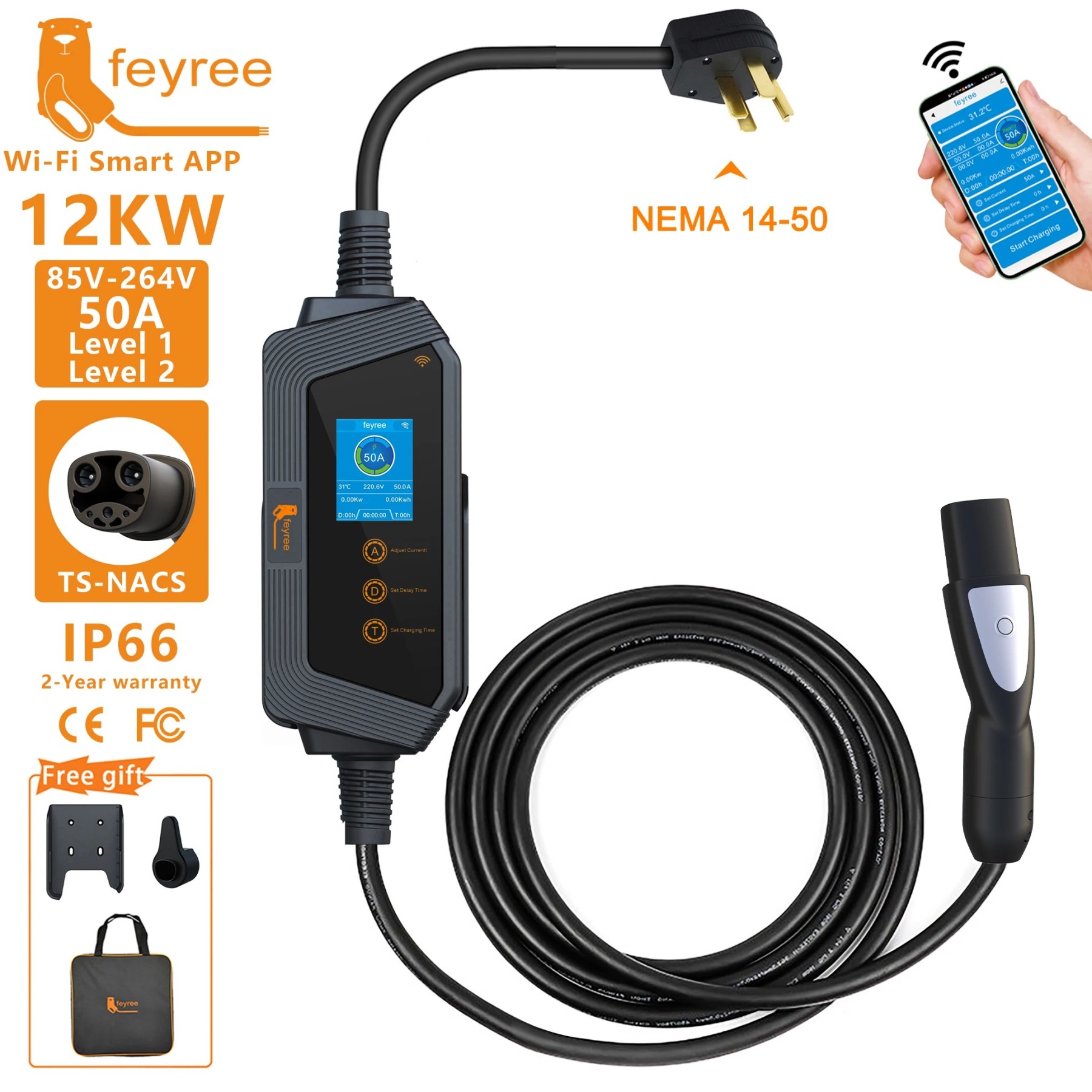 feyree Portable EV Charger with Tesla NACS Connector 32A up to 50A 12kw High Power EV wallbox with APP WIFI for All Tesla Models-feyree