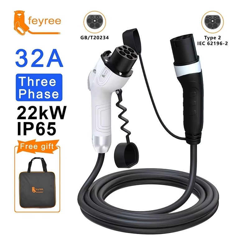 22kW Three-Phase EV Charging Cable, featuring 32A current, GB/T to Type 2 connectors, IP65 weather resistance, and a free carrying bag for reliable, fast charging on the go.