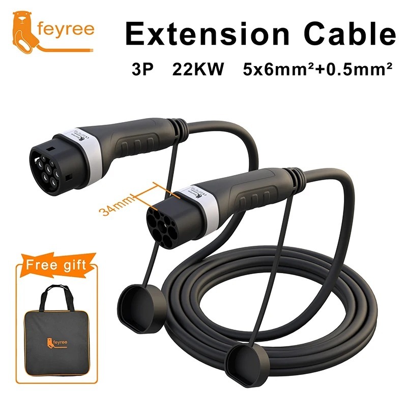 feyree EV Charging Cable 16A/32A 4kW/8kW/11kW/22kW Electric Vehicle Cord 5M Type 2 EVSE Charging Station Female to Male Plug-feyree