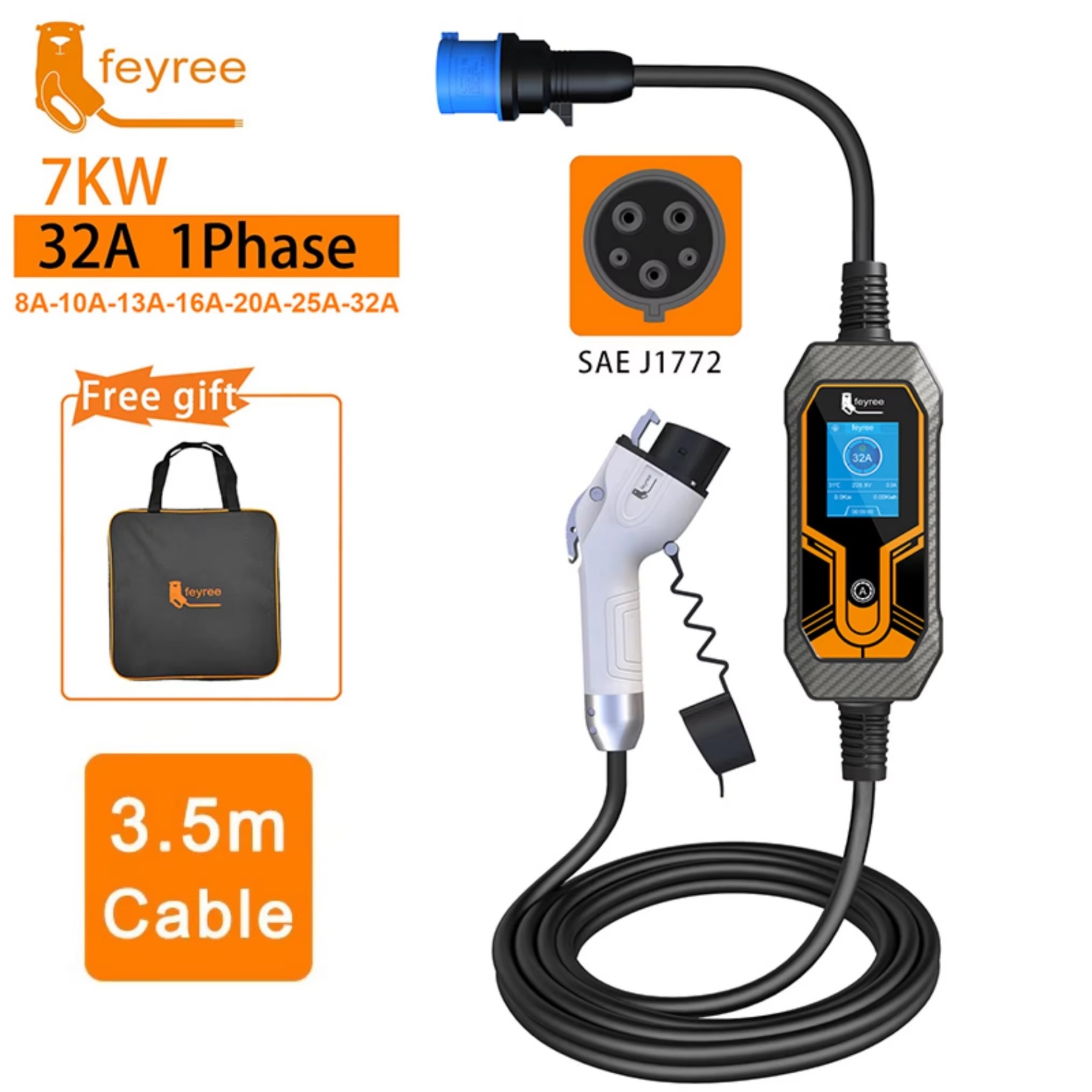 feyree Portable EV Charger Wallbox Type1 j1772 7KW 32A 1Phase with CEE Plug EVSE Charging Box for Electric Car Charger 5m Cable