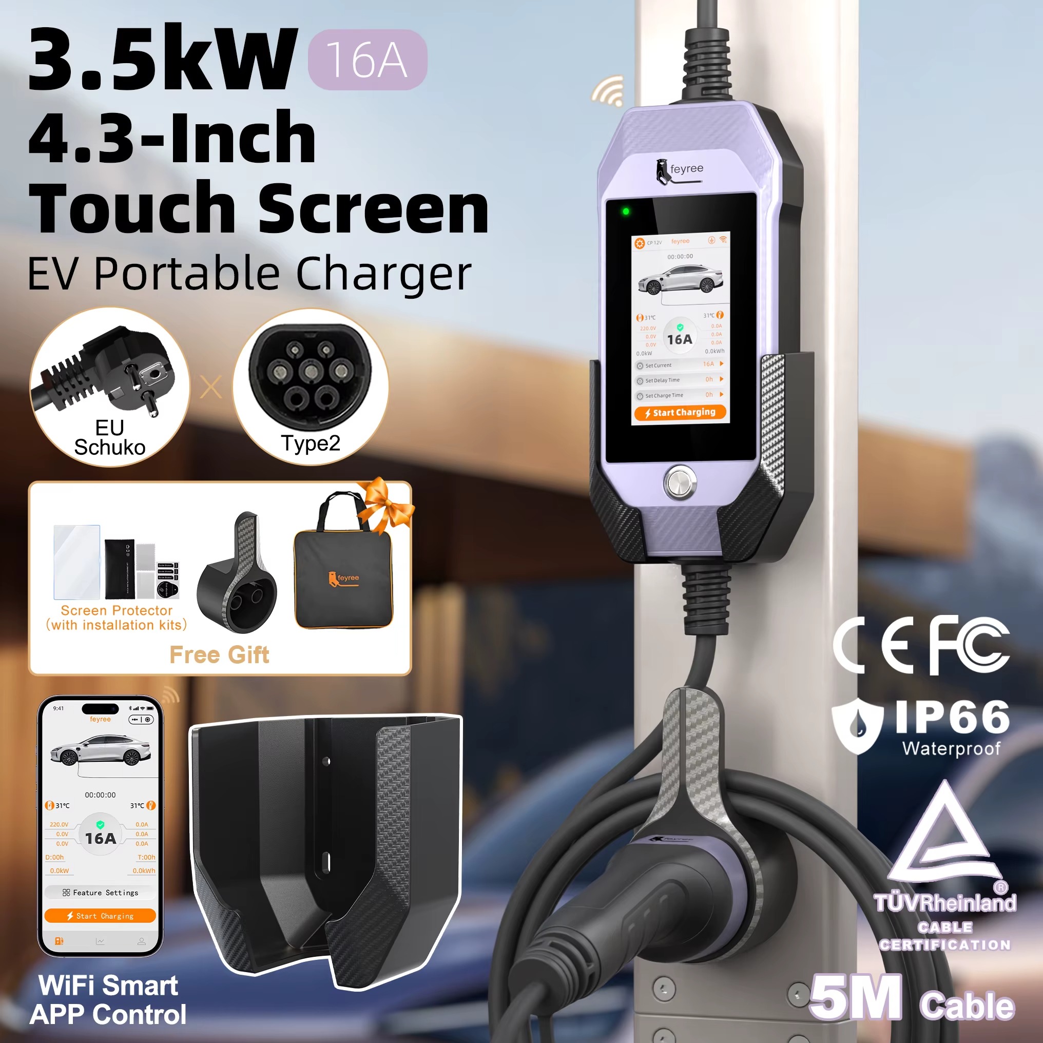 Feyree Portable EV Charger 3.5kW 16A Type 2 | 4.3' Touchscreen, WiFi APP Control, Charge History | 5M Cable for Electric Vehicle