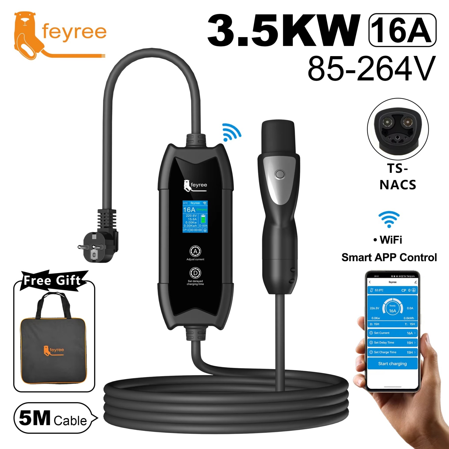 
A complete feyree smart EV charger kit with a 5M cable. The product has a TS-NACS connector, a max output of 3.5KW at 16A for 85-264V charging, and WiFi for smart app control. A branded carrying bag is also shown as a free gift.