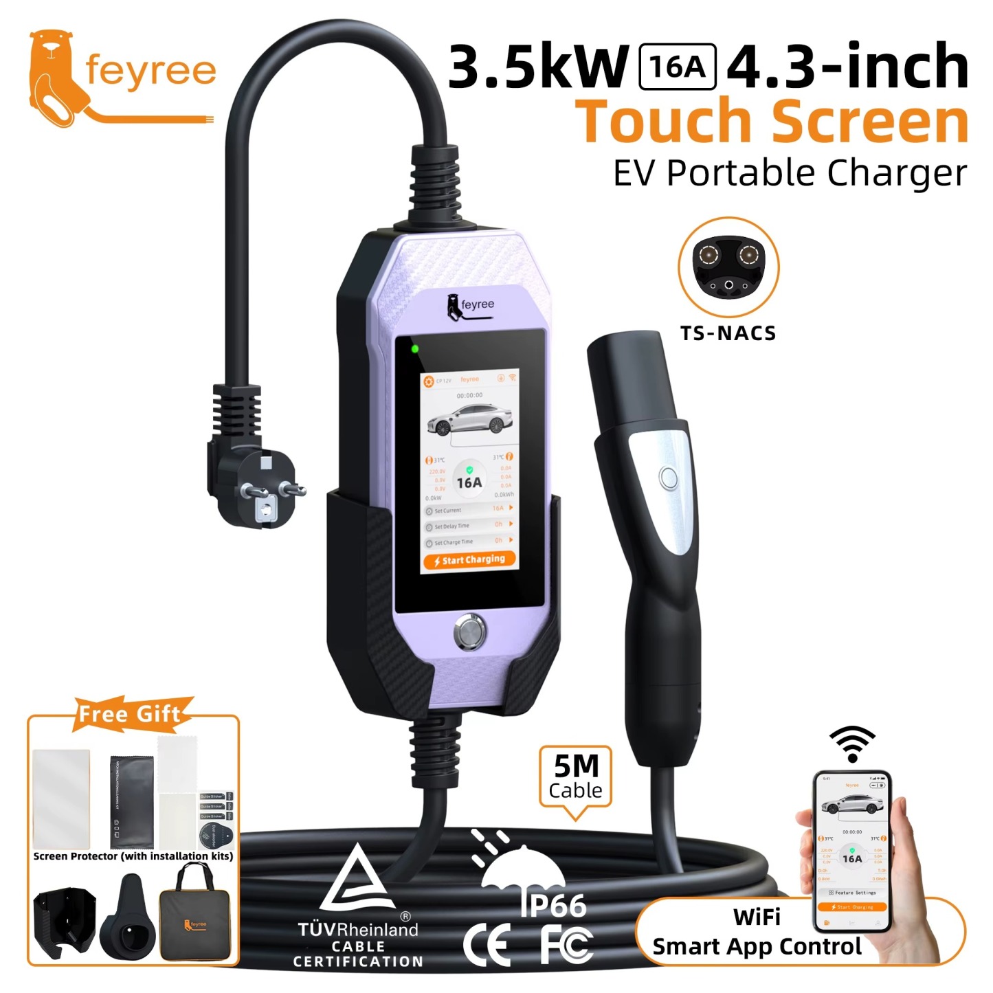feyree 4.3in Touchscreen Portable EV Charger For 3.5kW 16A 1Phase Tesla With WiFi APP Control EVSE Wallbox For EV Car Charging