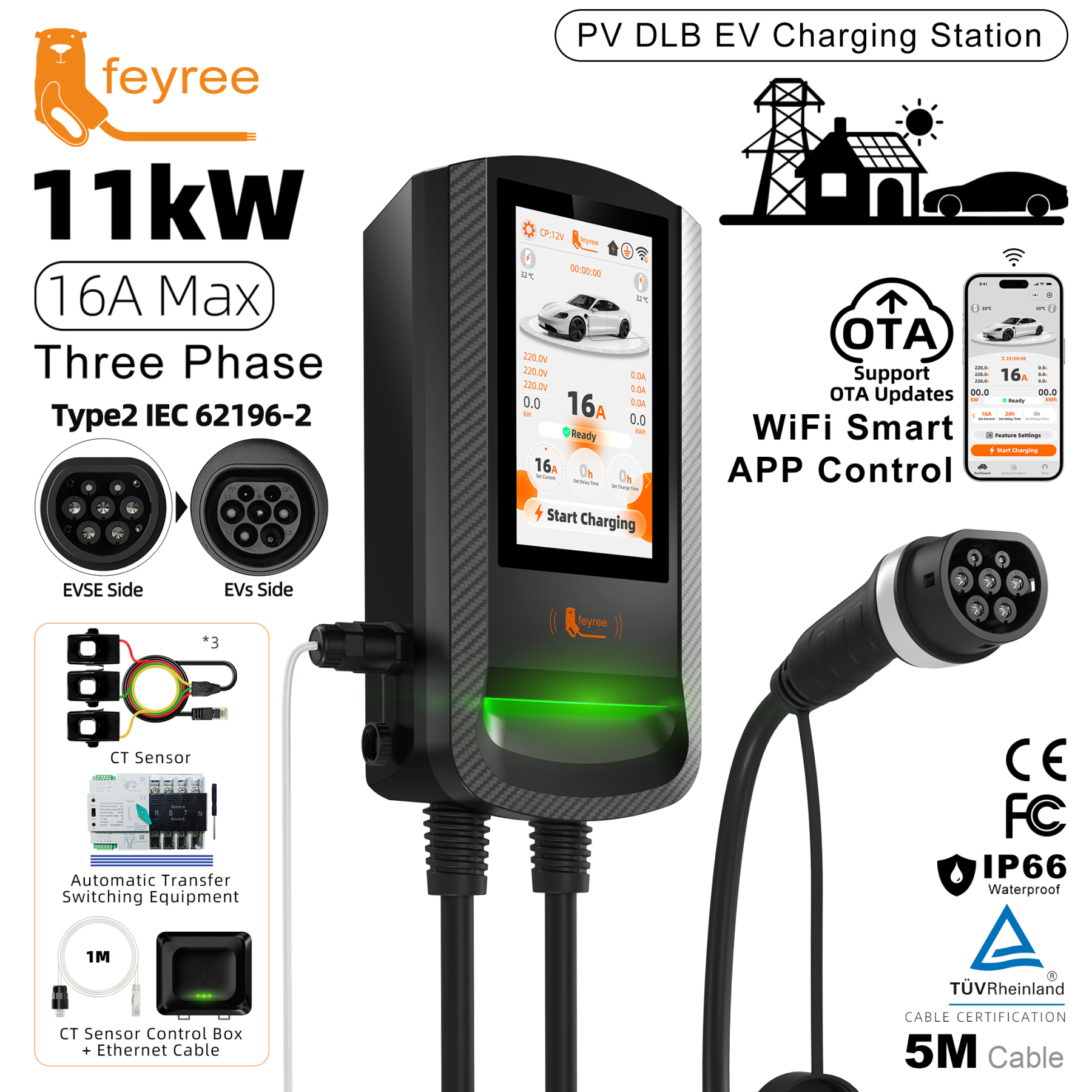 feyree Type 2 PV Solar DLB EV Charger 7/11/22KW Wallbox 7Inch Touch Screen APP Control OTA Upgrade Charging Log Home Wallbox