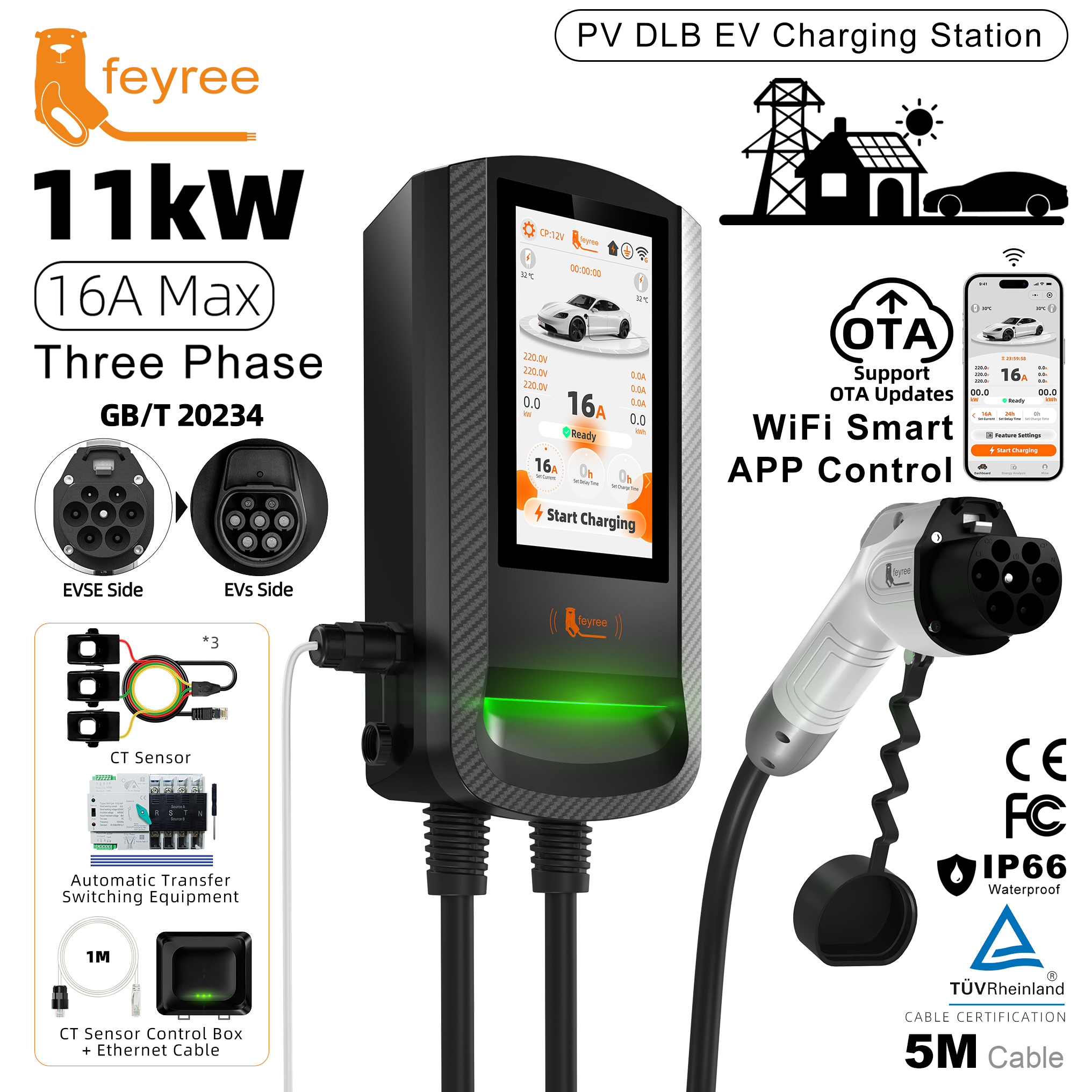 feyree GBT EV Charger 7 Inch Touch Screen APP Control OTA Upgrade Charging Log PV Solar DLB Home Wallbox for EV Cars Charging