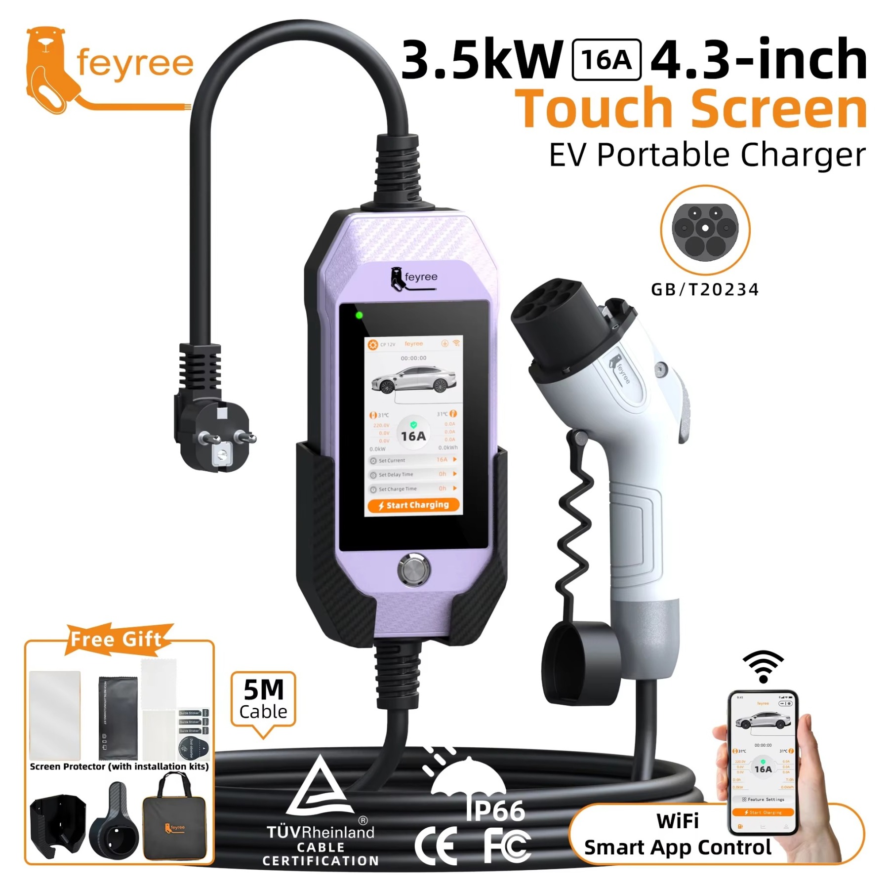 Feyree GB/T EV Charger 16A 3.5kW Portable Charger 1P 4.3'' Touchscreen Smart APP OTA Version Current Adjustable for Electric Car