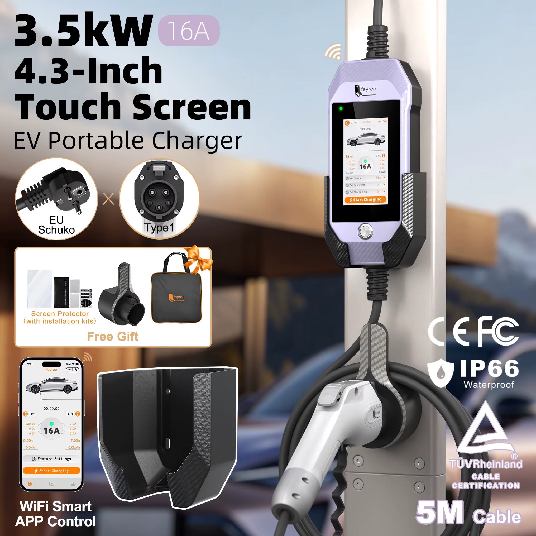 Feyree Type1 3.5kW 16A Portable EV Charger 4.3 inch Touch Screen Smart WIFI APP Remote Control Design AC EV Charging Station