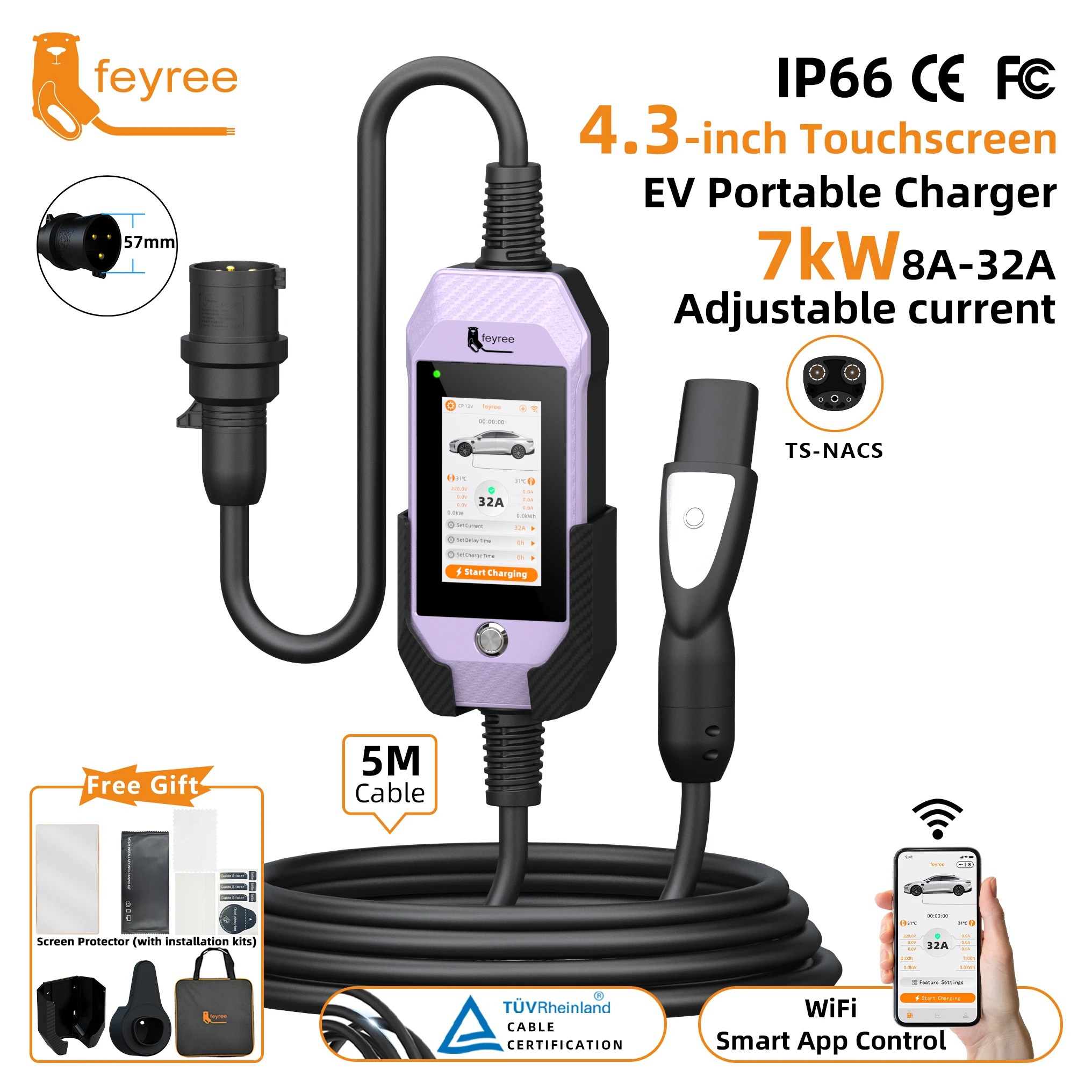feyree 4.3Inch Touch Screen EV Charger 7kW 32A 1Phase TS-NACS Socket Smart WIFI APP Control EVSE Portable Box for Tesla EV Cars