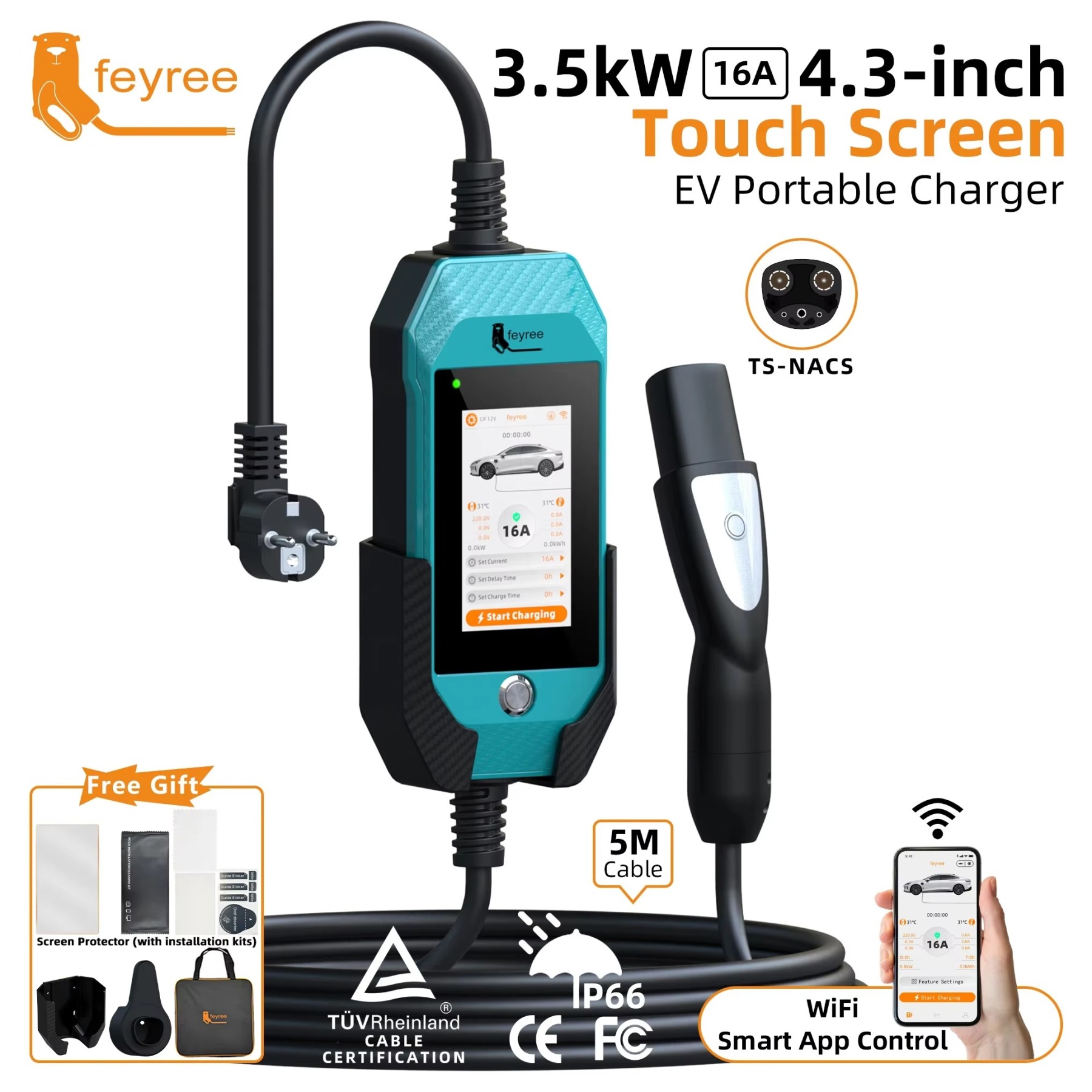 feyree 4.3in Touchscreen Portable EV Charger For 3.5kW 16A 1Phase Tesla With WiFi APP Control EVSE Wallbox For EV Car Charging