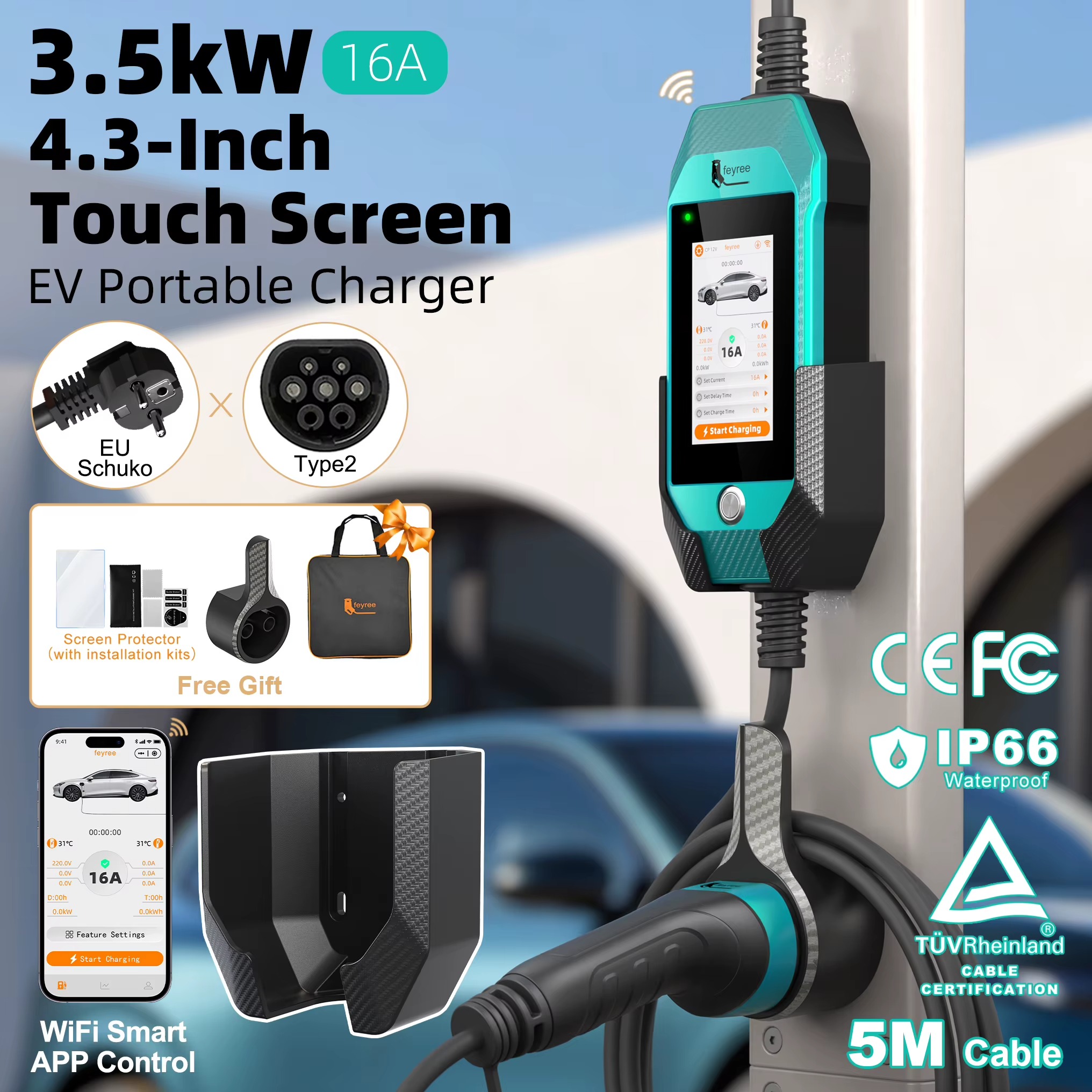 Feyree Portable EV Charger 3.5kW 16A Type 2 | 4.3' Touchscreen, WiFi APP Control, Charge History | 5M Cable for Electric Vehicle