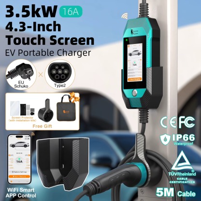 Feyree Portable EV Charger 3.5kW 16A Type 2 | 4.3' Touchscreen, WiFi APP Control, Charge History | 5M Cable for Electric Vehicle