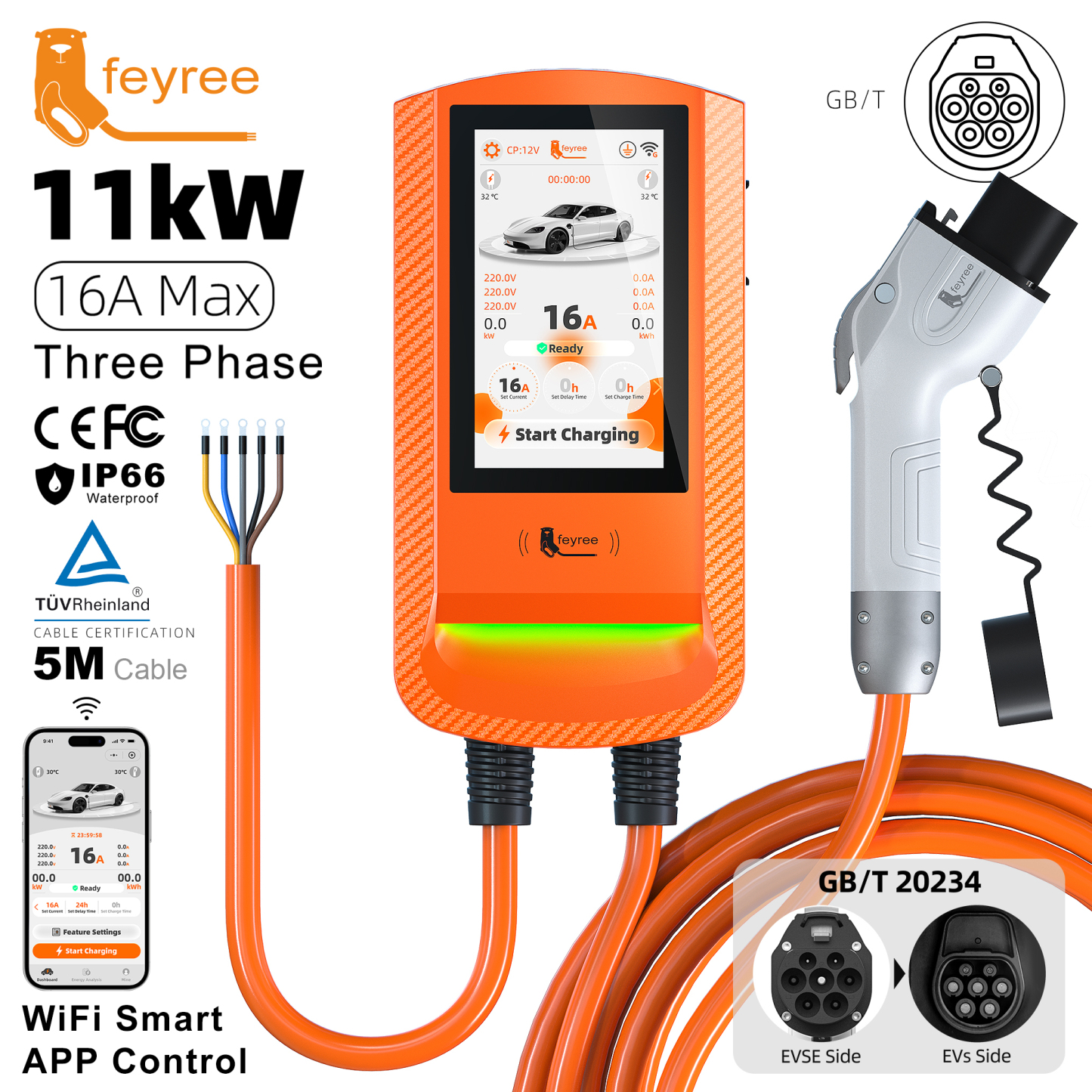 Feyree GBT EV Charger with 7-Inch Touch Screen Wallbox OTA Upgrade Smart APP Charging History & Safety for Exclusive Home Use