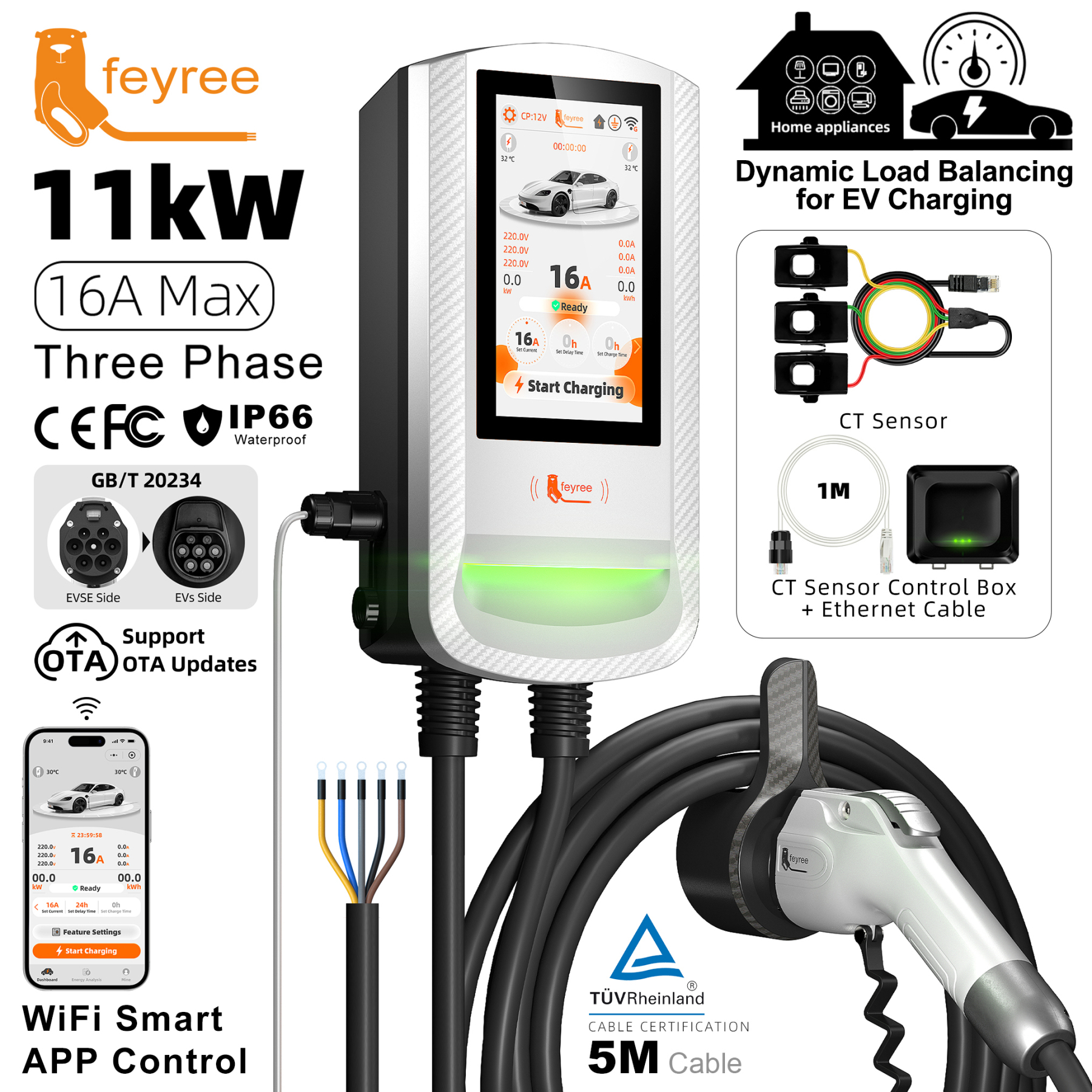 Feyree GBT 22kW 32A 3 Phase Touch Screen EV Wallbox Smart DLB APP Control & Charging Log EV Charging Station for Outdoor Use