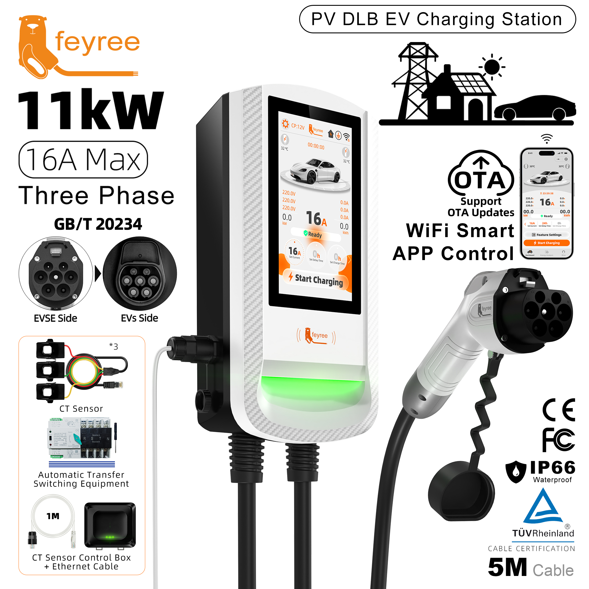 [Copy]feyree GBT EV Charger 7 Inch Touch Screen APP Control OTA Upgrade Charging Log PV Solar DLB Home Wallbox for EV Cars Charging