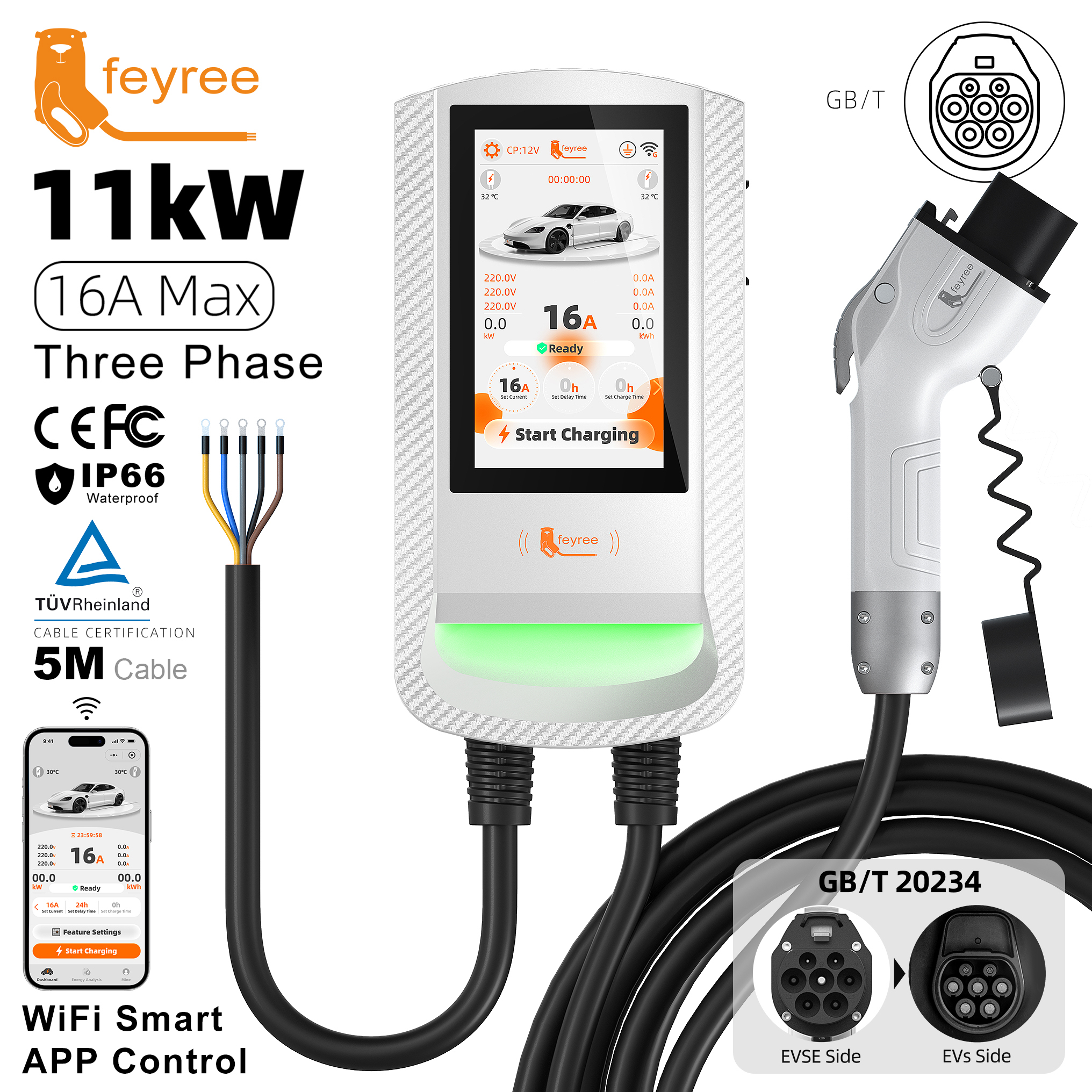 Feyree GBT EV Charger 7 Inch Touch Screen Password Lock with Charging History and OTA Upgrade Smart Home Charging Station