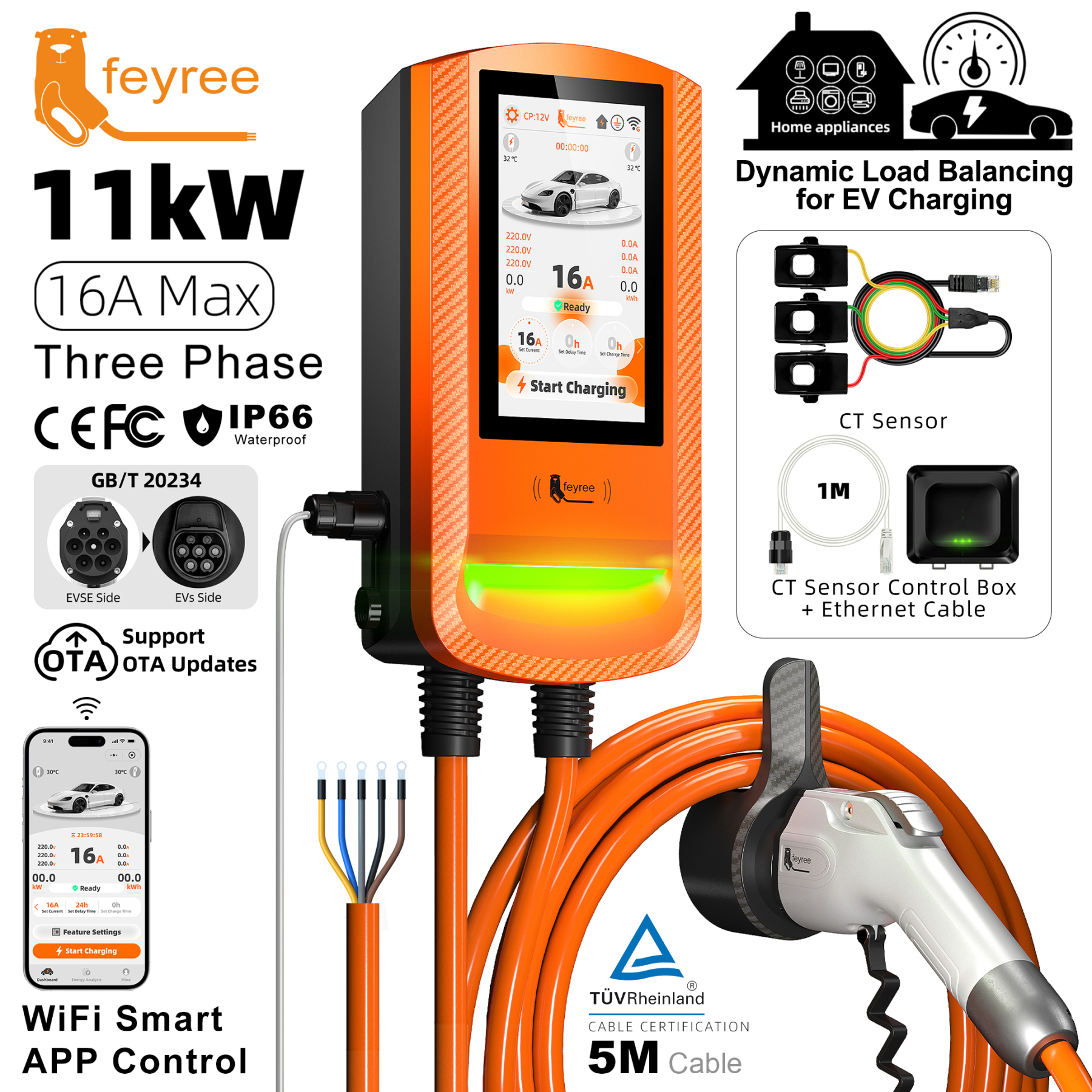 Feyree EV Charger GB/T Socket 7.6kw 32A DLB Wallbox 7inch Touch Screen APP Charge History Record 11kw 22kw 3P Charging Station