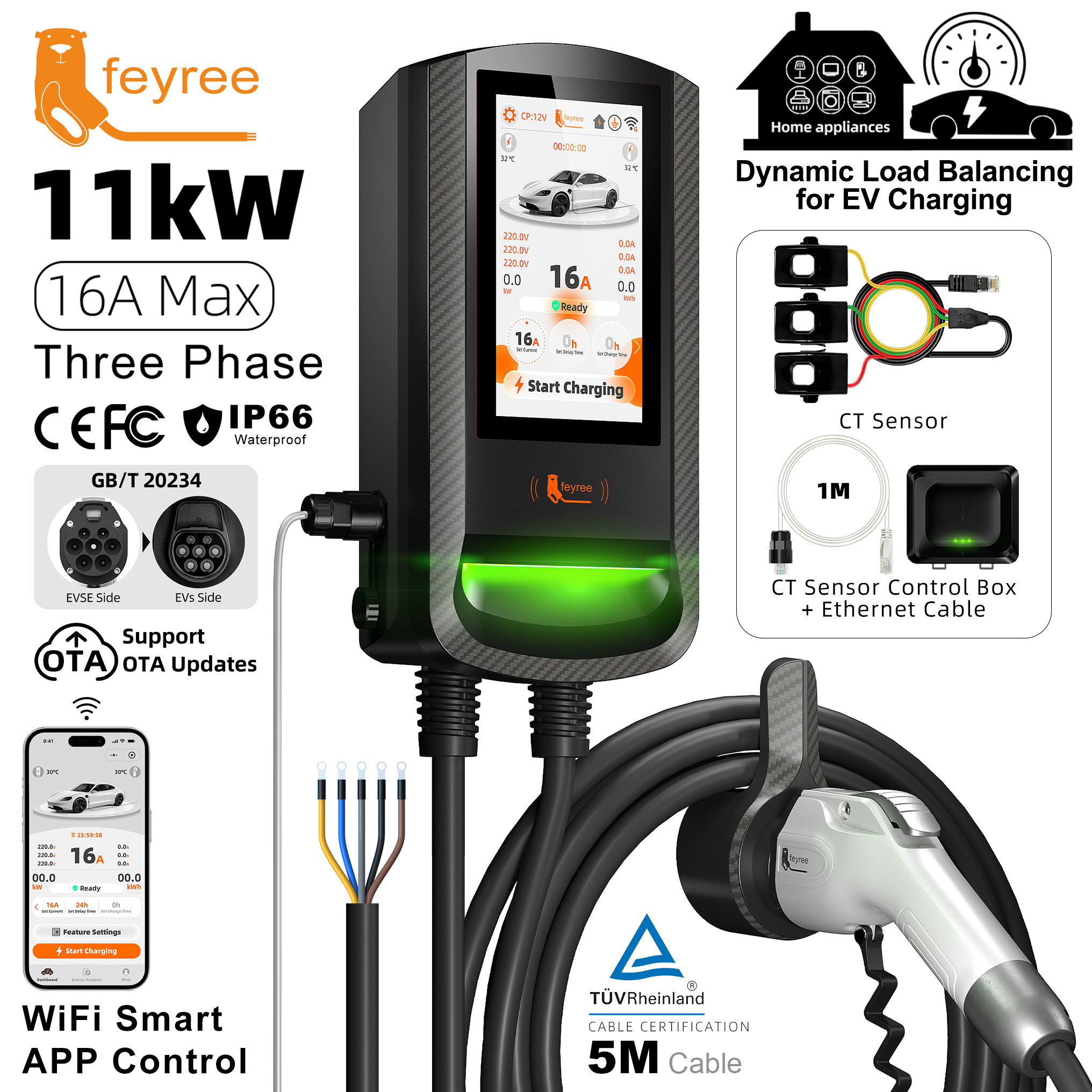 Feyree GBT 7-Inch Touth Screen EV Wallbox Smart Dynamic Load Balance RFID Card APP Control EV Charging Station for Outdoor Use
