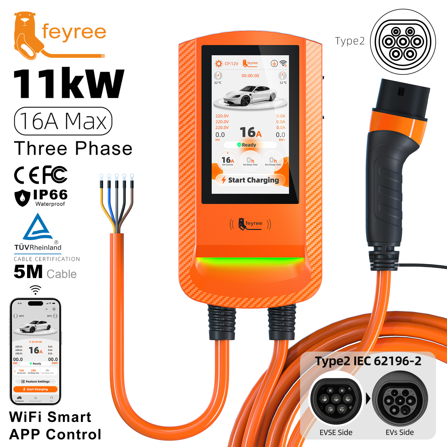 feyree Type 2 EV Charger 7 inch Touch Screen Wallbox with Charging History OTA Upgrade Safety Exclusive Home Charging Station
