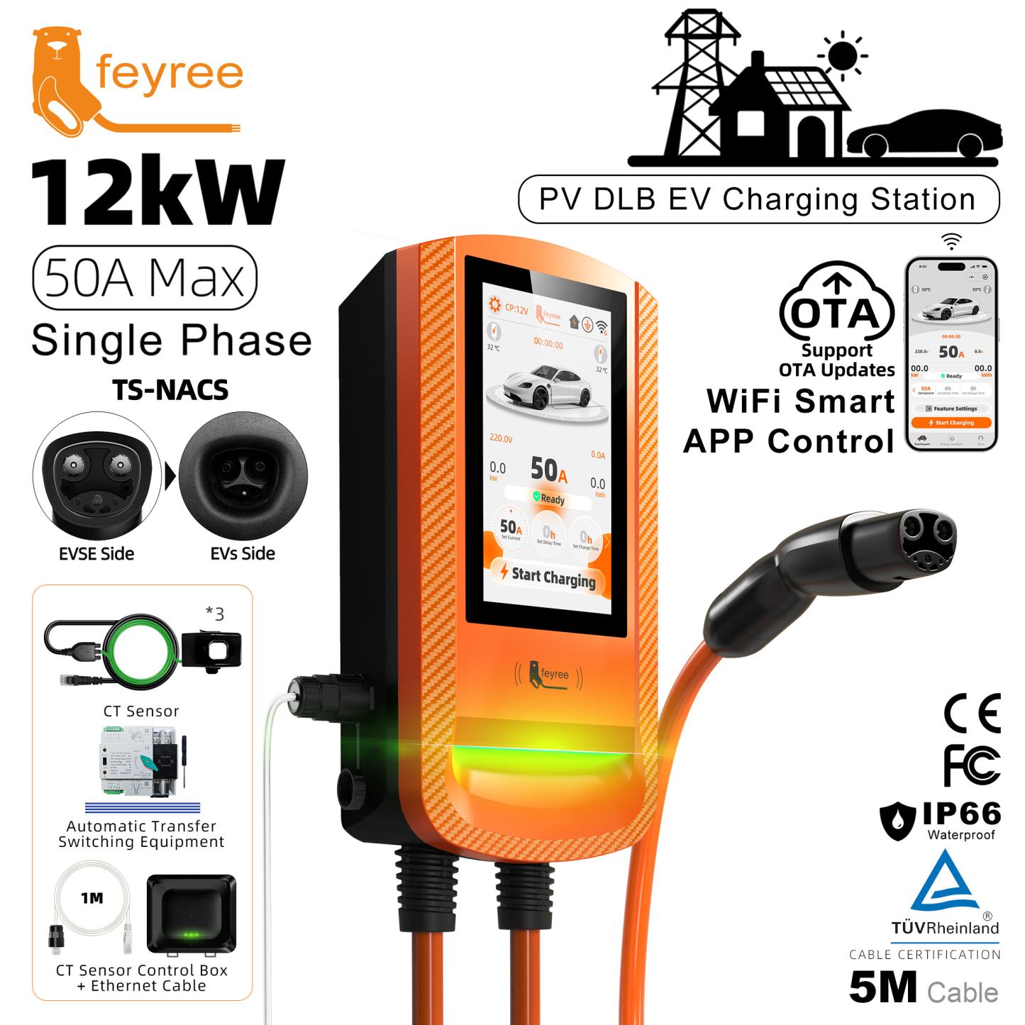 feyree TS-NACS EV Charger 7 Inch Touch Screen APP Control OTA Upgrade Charging Log PV Solar DLB Home Wallbox for TS-NACS EV Cars