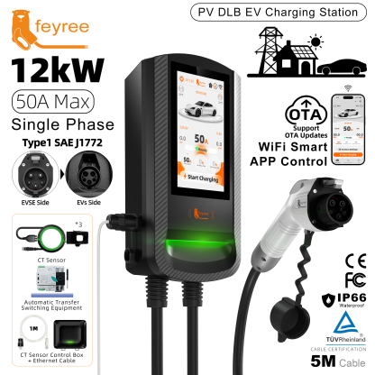 feyree Type1 7.6kW EV Wallbox 7Inch Touch Screen APP Control 9.6kW OTA Charge Log PV Solar Dynamic Load Balancing 12kW EVCharger