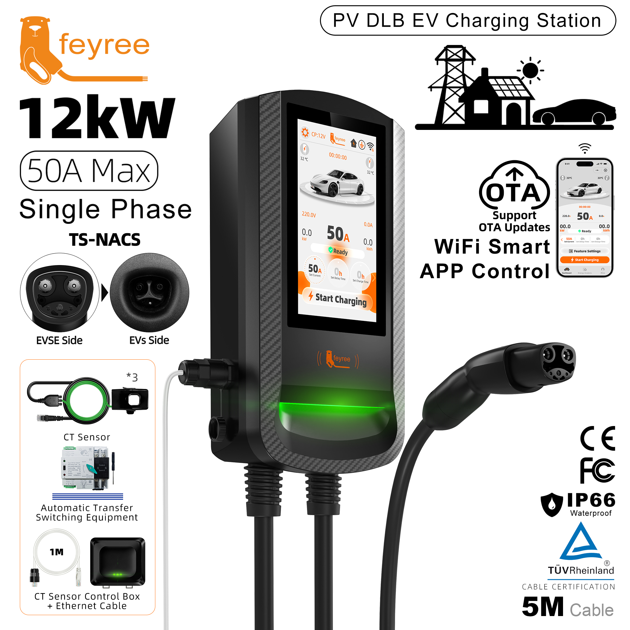  Feyree TS-NACS EV Charging Station PV solar DLB APP Control Charging Log 50A Electric Vehicle Tesla Wallmount for Home charging
