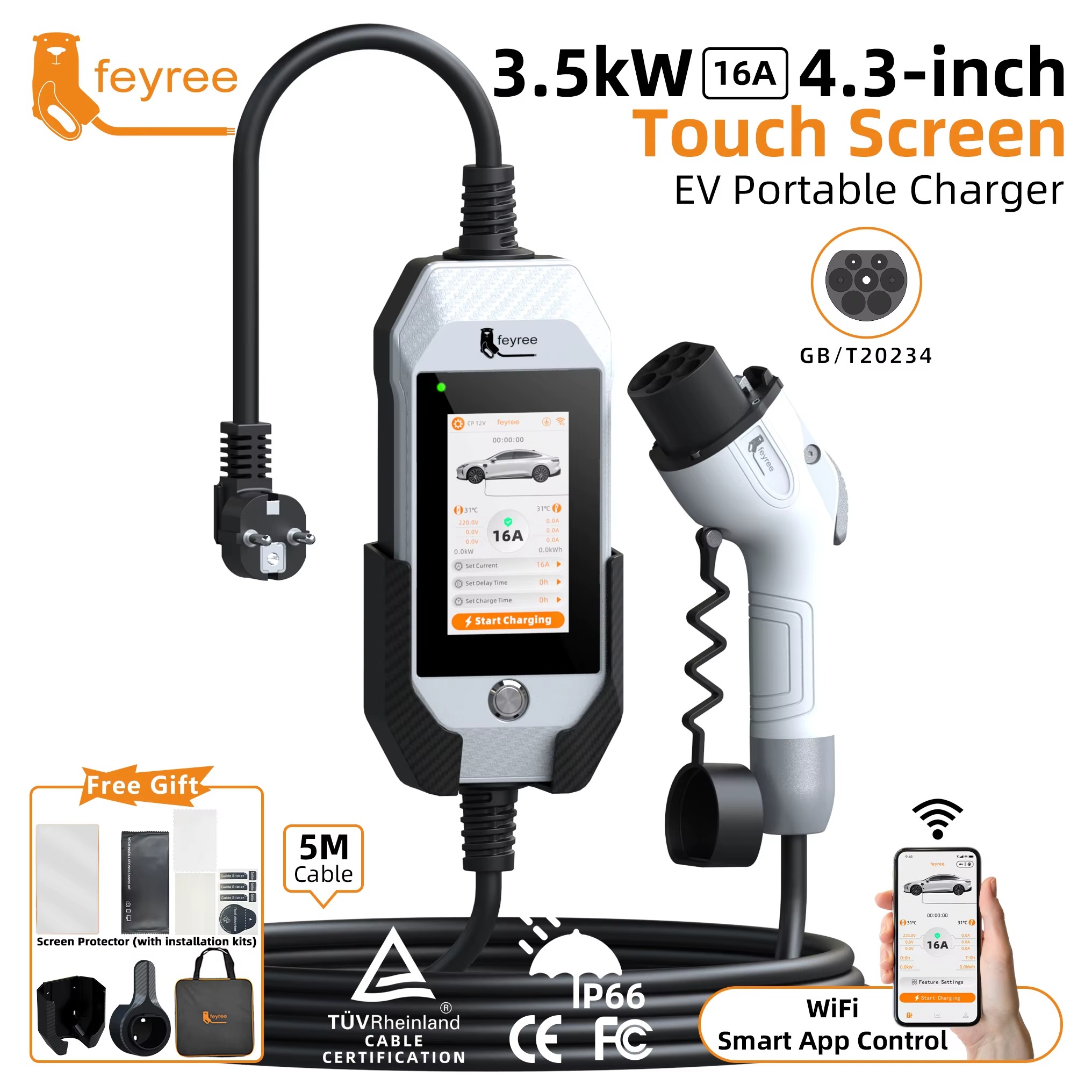 Feyree GB/T EV Charger 16A 3.5kW Portable Charger 1P 4.3'' Touchscreen Smart APP OTA Version Current Adjustable for Electric Car